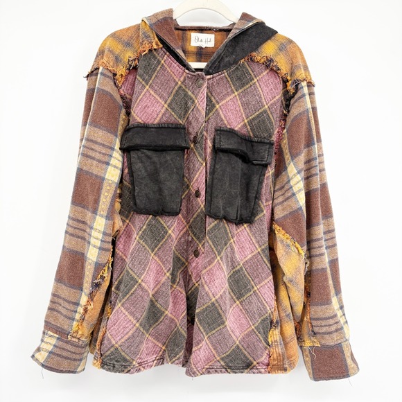 Oli & Hali Jackets & Blazers - Oli & Hali Women Plaid Distressed Patchwork Boho Grunge Flannel Hooded Shacket L